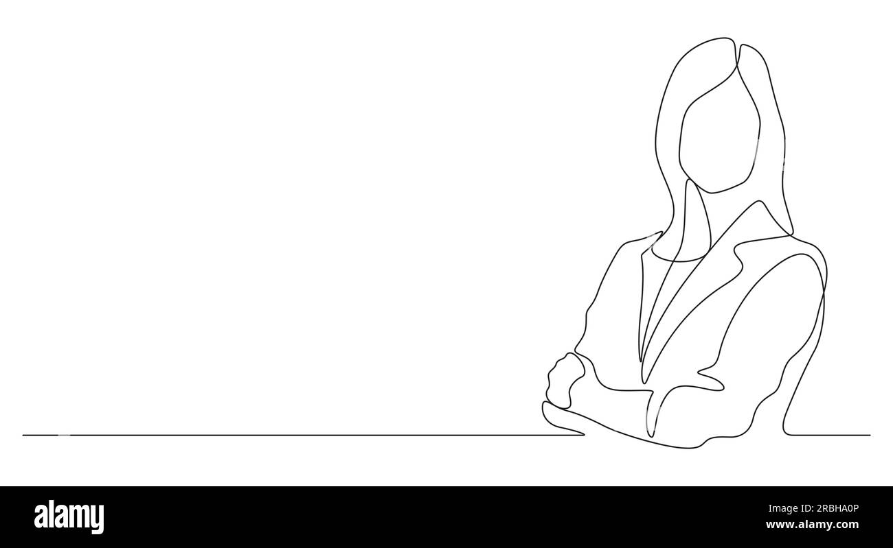 disegno continuo di linee di capelli lunghi braccia leader donna in posa incrociata con espressione audace e sicura concetto di business vettoriale Illustrazione Vettoriale