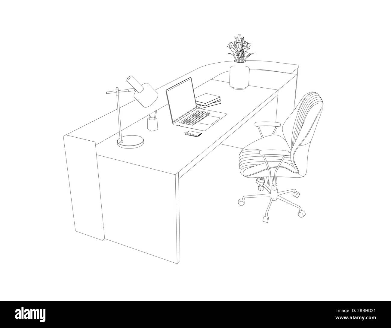 Contorno del set di illustrazioni vettoriali piatte dell'area di lavoro Contemporary. Scrivania o tavolo Contour Office con sedia da ufficio e computer. Design degli interni business Illustrazione Vettoriale