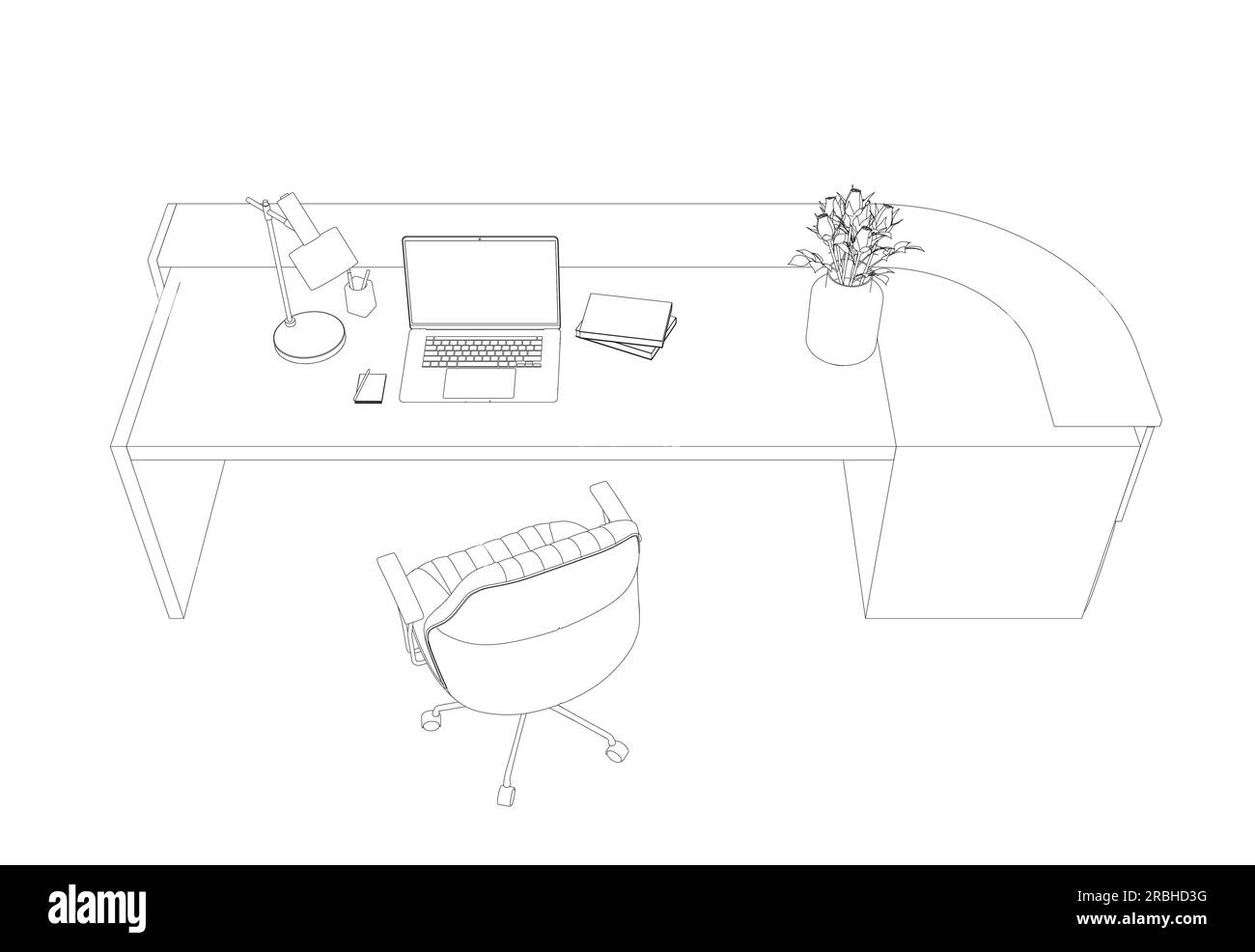 Contorno del set di illustrazioni vettoriali piatte dell'area di lavoro Contemporary. Scrivania o tavolo Contour Office con sedia da ufficio e computer. Design degli interni business Illustrazione Vettoriale