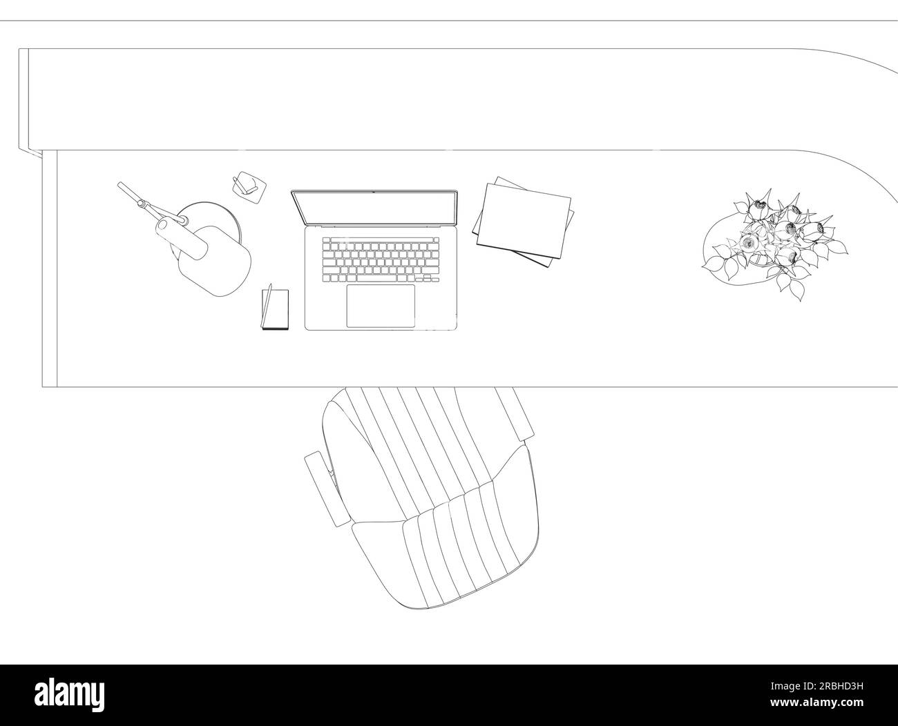 Contorno del set di illustrazioni vettoriali piatte dell'area di lavoro Contemporary. Scrivania o tavolo Contour Office con sedia da ufficio e computer. Design degli interni business Illustrazione Vettoriale
