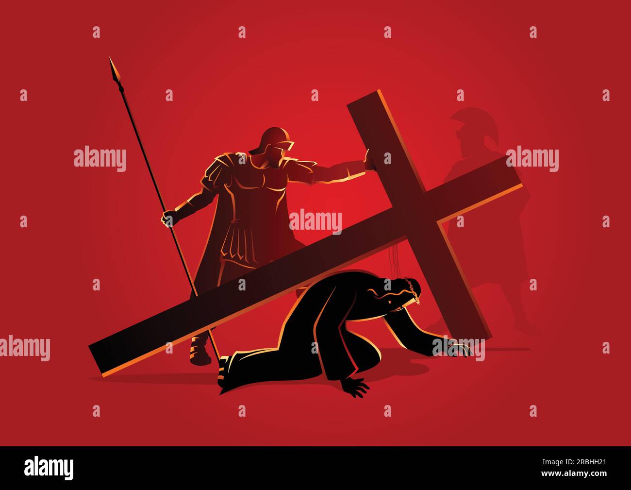 Serie di illustrazioni vettoriali bibliche. Via della Croce o stazioni della Croce, settima stazione, Gesù cade per la seconda volta. Illustrazione Vettoriale