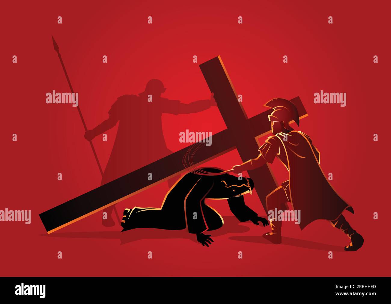 Serie di illustrazioni vettoriali bibliche. Via della Croce o stazioni della Croce, nona stazione, Gesù cade per la terza volta. Illustrazione Vettoriale