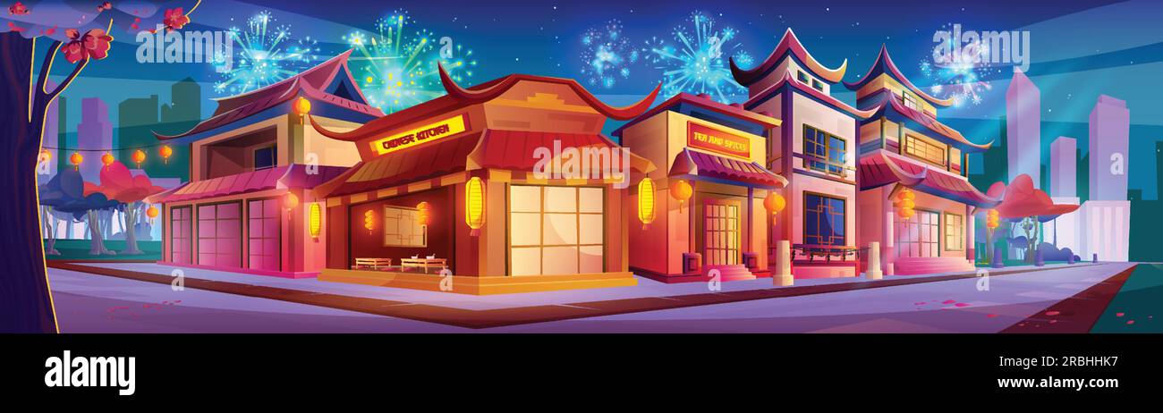 Celebrazione notturna delle strade cinesi in città illustrazione vettoriale. Lanterna luminosa al neon e fuochi d'artificio nel tradizionale vietnam Place. Decorazioni asiatiche per il Capodanno vicino alla scena del paesaggio stradale Illustrazione Vettoriale