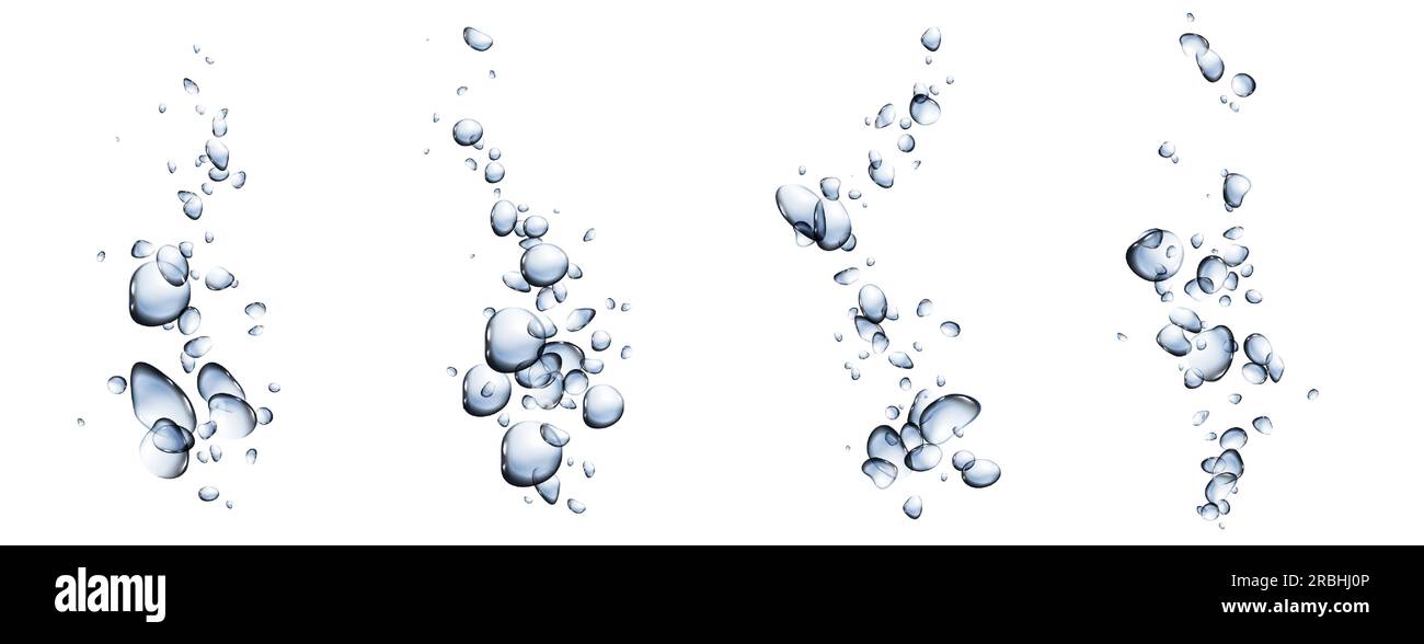 Set realistico di bolle subacquee isolate su sfondo trasparente. Illustrazione vettoriale della consistenza frizzante delle bevande, effetto detersivo per bucato, gocce d'aria, acqua bollente, bevanda effervescente Illustrazione Vettoriale