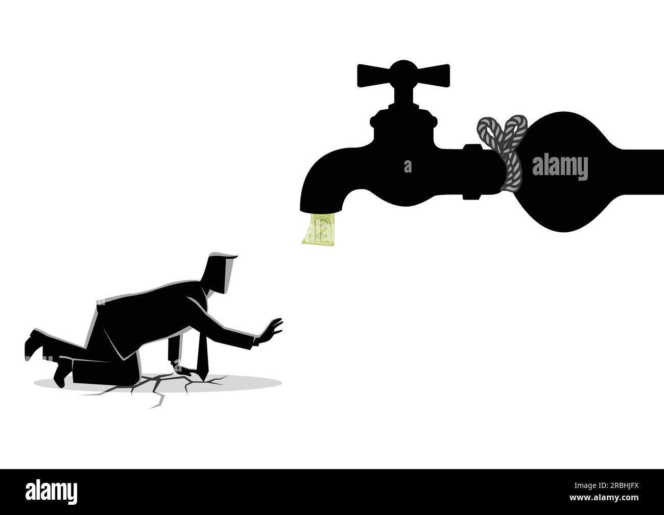 Business Concept vettore illustrazione di un uomo d'affari esausto che si avvicina ad un rubinetto d'acqua legato. Illustrazione Vettoriale