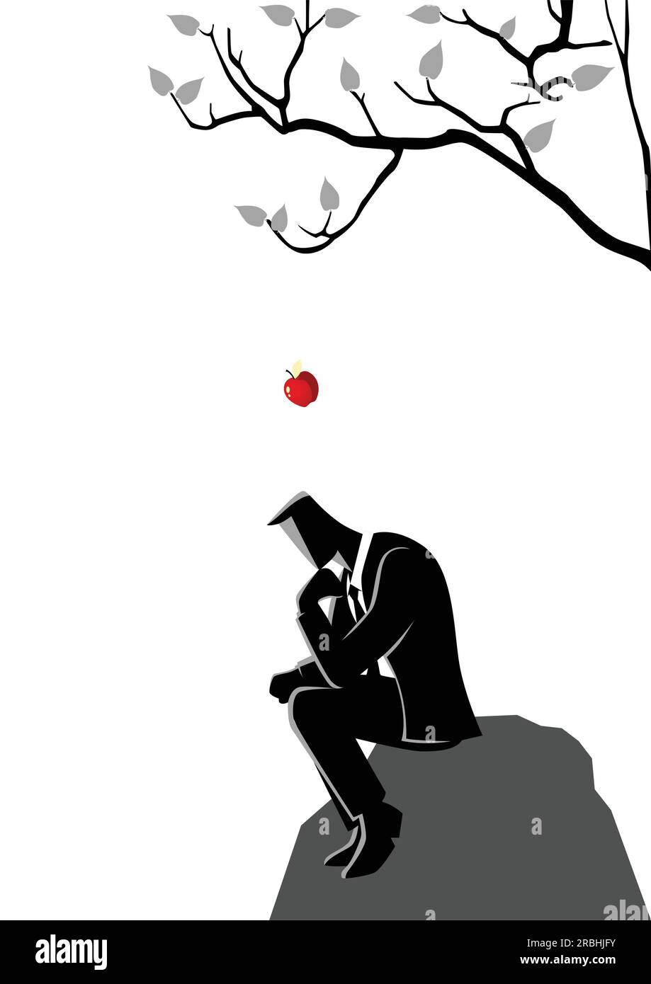 Illustrazione di concetto di affari di una mela che cade all'alba alla testa di un uomo d'affari pensante Illustrazione Vettoriale