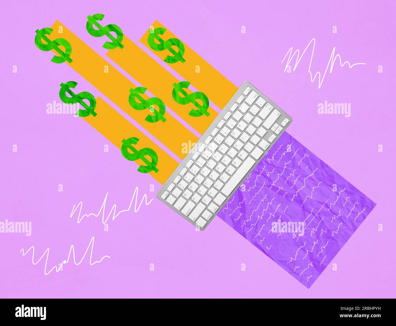 Un collage di un foglio di carta, di una tastiera e di un dollaro come simbolo di monetizzazione del blog. Foto Stock