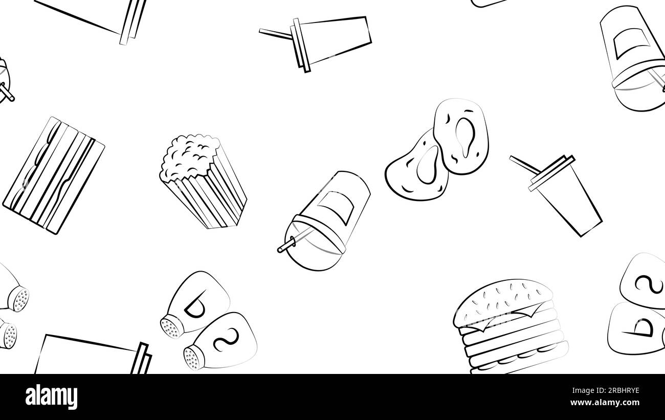 Bianco e nero senza interruzioni modello di cibo e snack icone set per bar ristorante caffè: Uovo, funghi, pesce, cibo in scatola, cipolla, pizza, gr Illustrazione Vettoriale