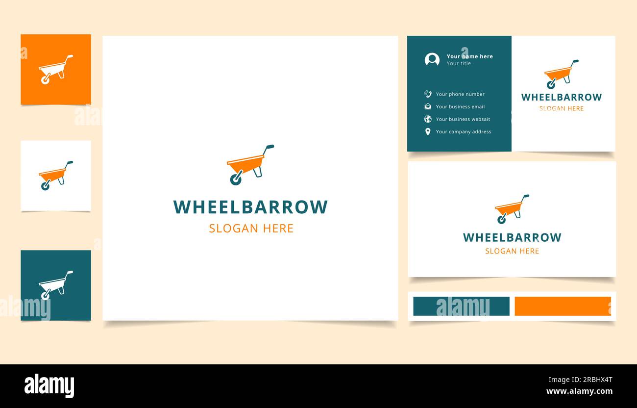 Design con logo a carriola con slogan modificabile. Libro di branding e modello biglietto da visita. Illustrazione Vettoriale