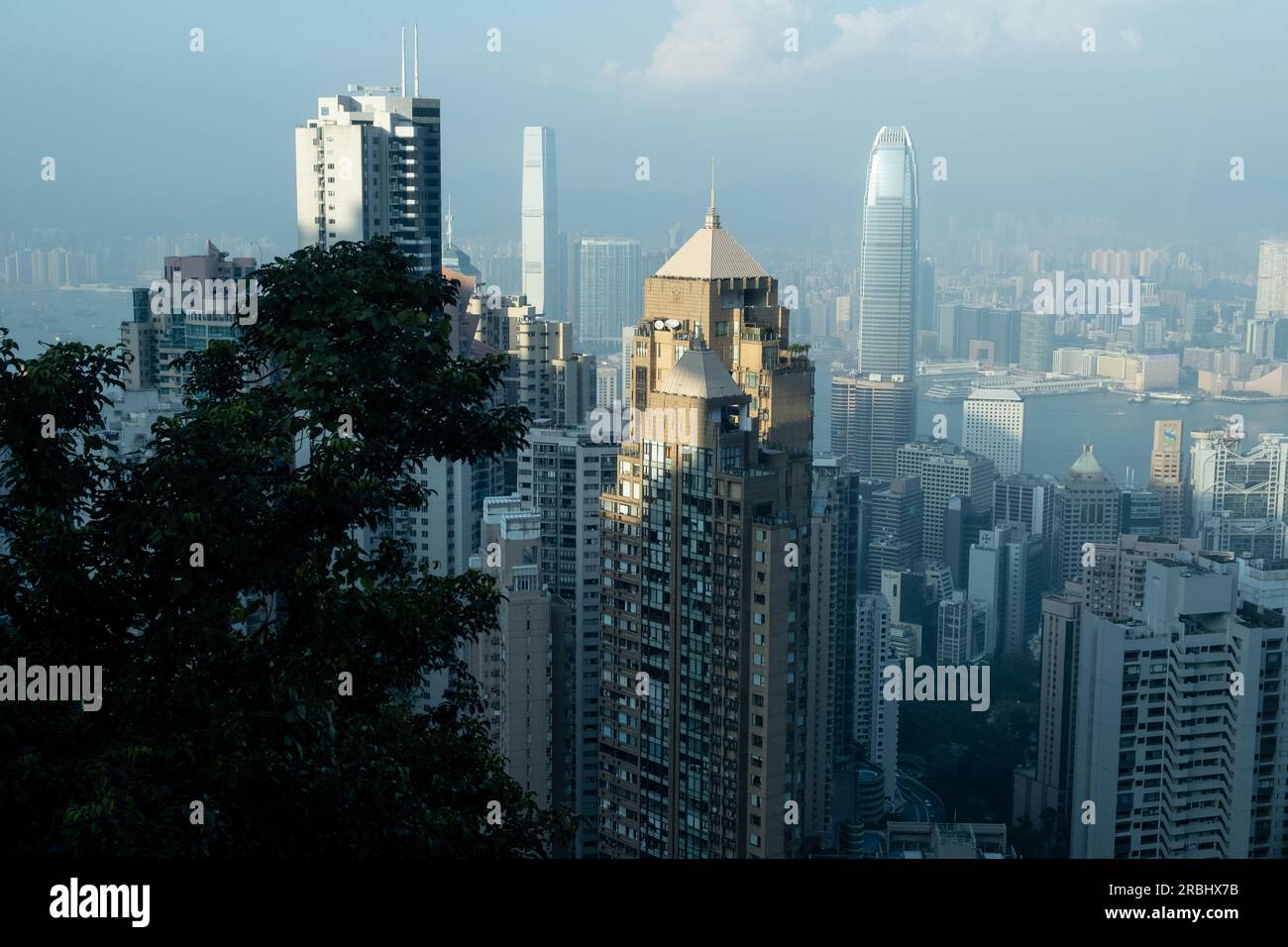 Incredibili vedute dello skyline della città dal Lugard Road Lookout sul Victoria Peak, Hong Kong in una serata estiva mentre l'ultima luce del giorno colpisce i blocchi della torre. Foto Stock