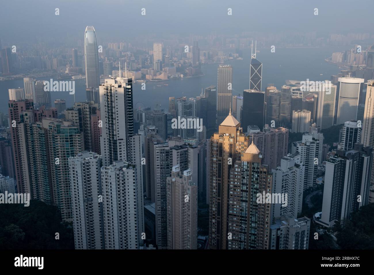 Incredibili vedute dello skyline della città dalla piattaforma panoramica sul Victoria Peak, Hong Kong in una serata estiva mentre l'ultima luce del giorno colpisce gli isolati della torre. Foto Stock