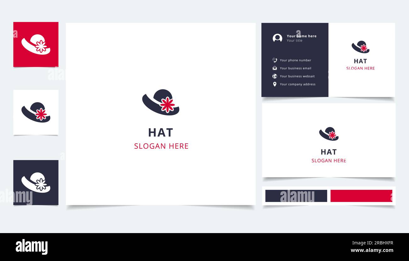 Logo a cappello con slogan modificabile. Libro di branding e modello di biglietto da visita. Illustrazione Vettoriale