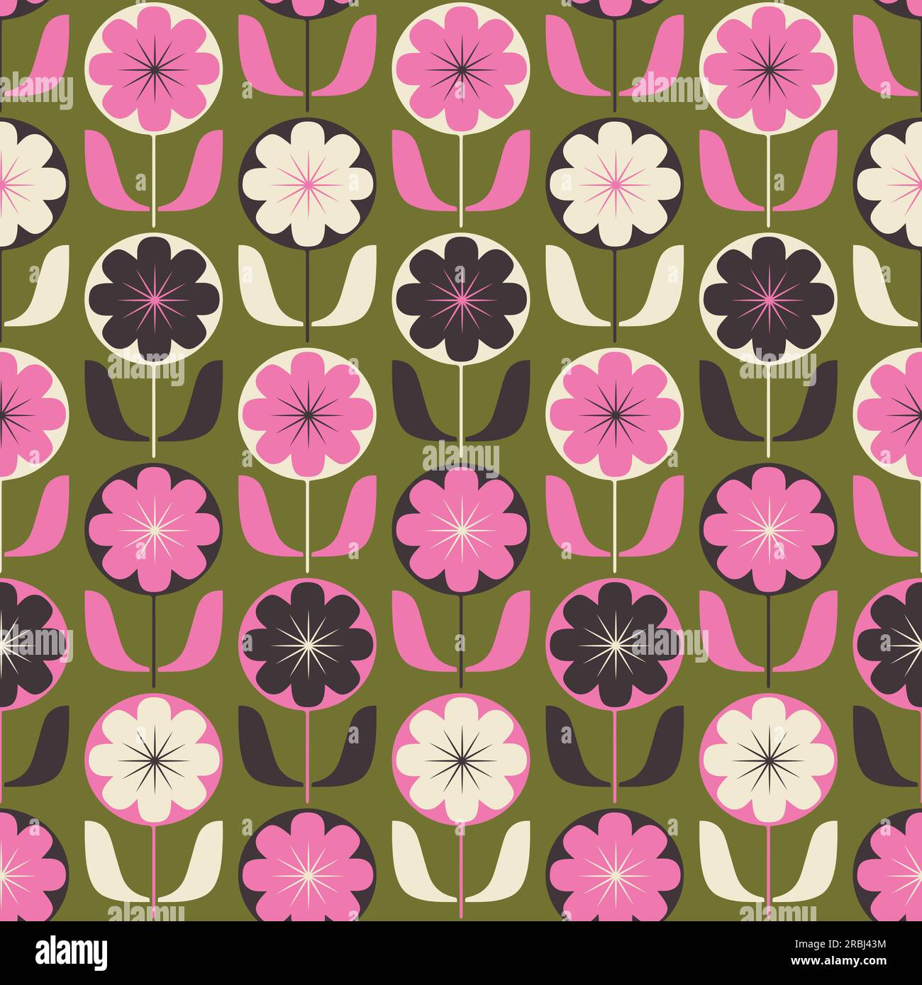 Motivo retrò senza cuciture con elementi floreali in stile scandinavo. Fiori geometrici stilizzati, 60s, 70s. progettazione di superfici, tessuti, carta, cartoleria. Illustrazione Vettoriale