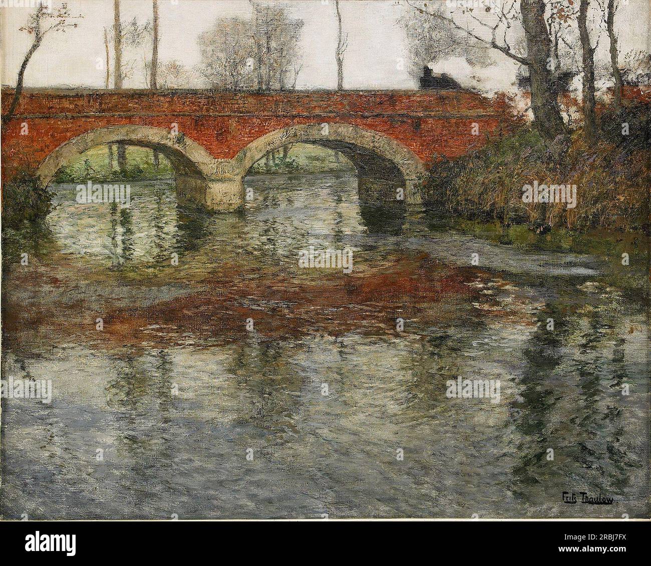 Paesaggio del fiume francese con un Ponte di pietra di Frits Thaulow Foto Stock