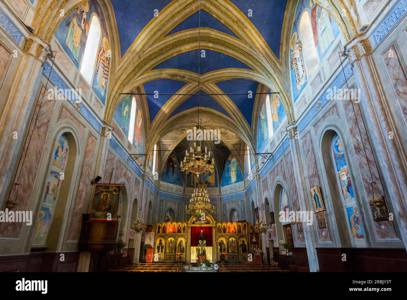 Chiesa "greca", Cargèse, West Coast, Corse-du-Sud Department, Corsica, Mar Mediterraneo, Francia Foto Stock