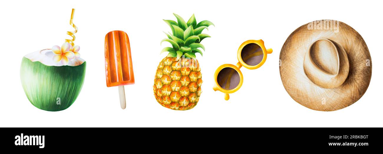 Set di illustrazioni ad acquerello con cappello di paglia, ananas, gelato su bastone, cocktail di cocco con paglia e occhiali da sole. Frutta tropicale isolata Foto Stock