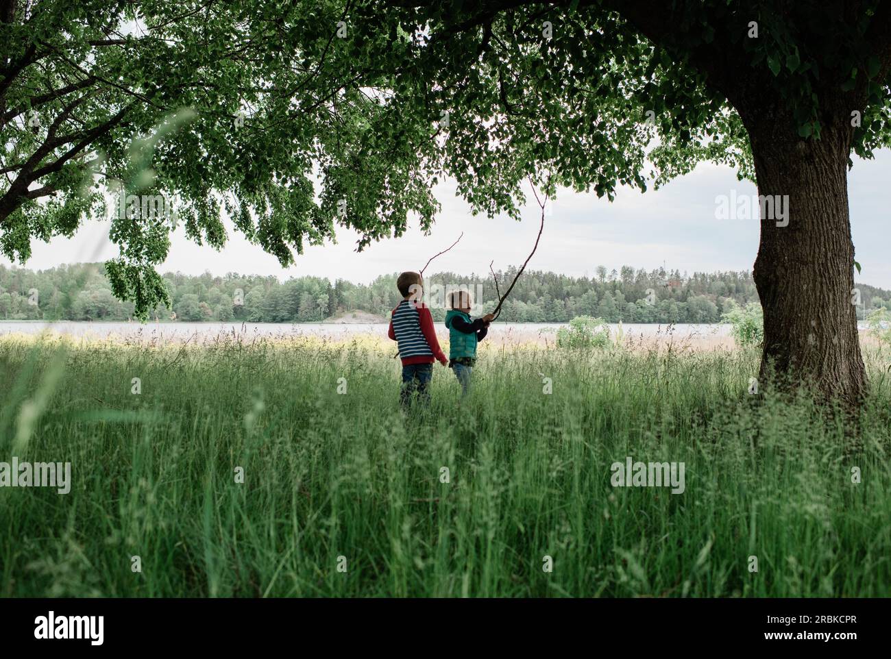 giovane ragazzo e ragazza stavano in un campo a giocare con i bastoncini Foto Stock