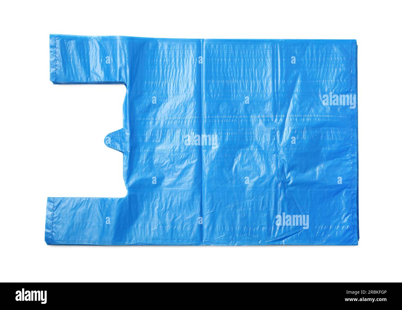 Pila di sacchetti di plastica azzurro isolati su bianco, vista dall'alto Foto Stock
