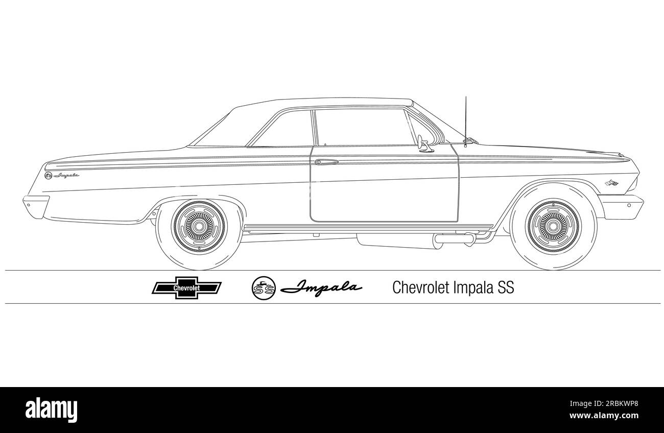 USA, anno 1962, Chevrolet Impala SS due porte, auto d'epoca, silhouette delineata, illustrazione Foto Stock