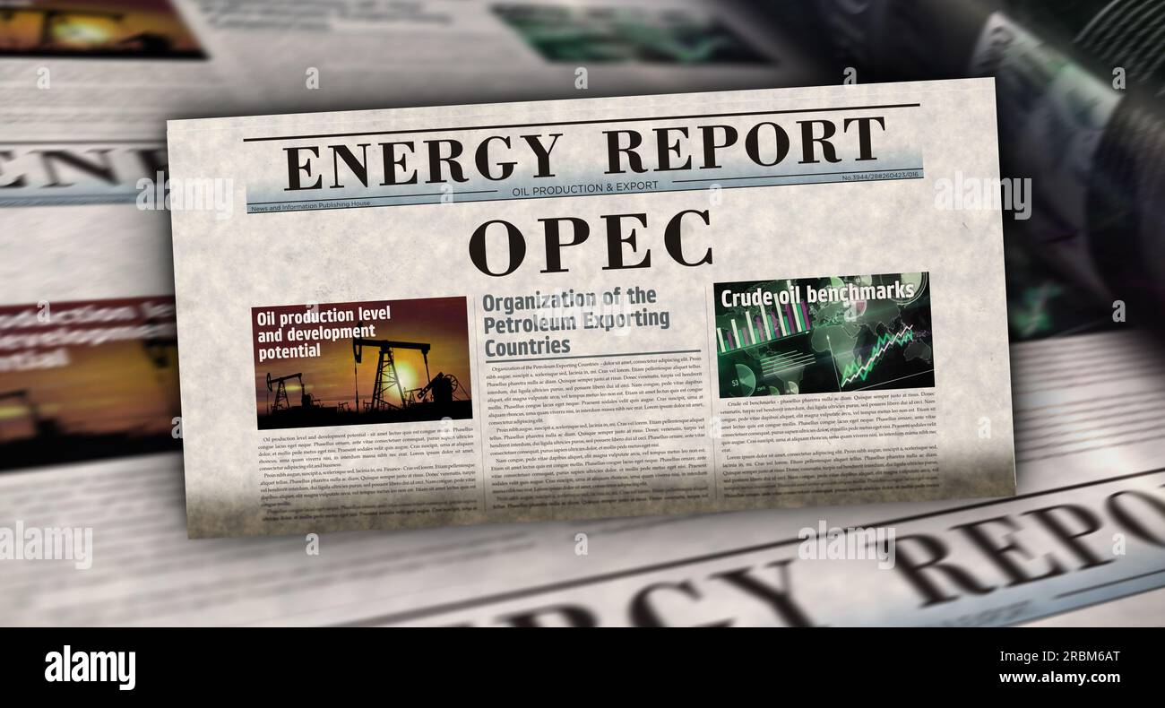 OPEC Organizzazione dei paesi esportatori di petrolio e associazione di esportazione di produzione di petrolio notizie vintage e stampa di giornali. rif. Concetto astratto Foto Stock