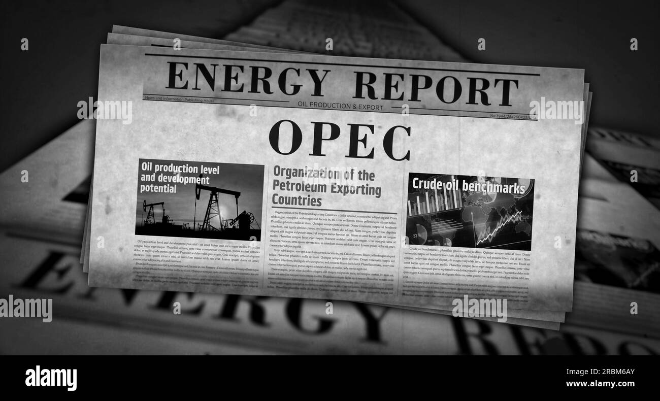 OPEC Organizzazione dei paesi esportatori di petrolio e associazione di esportazione di produzione di petrolio notizie vintage e stampa di giornali. rif. Concetto astratto Foto Stock