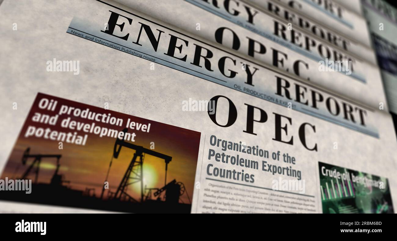 OPEC Organizzazione dei paesi esportatori di petrolio e associazione di esportazione di produzione di petrolio notizie vintage e stampa di giornali. rif. Concetto astratto Foto Stock