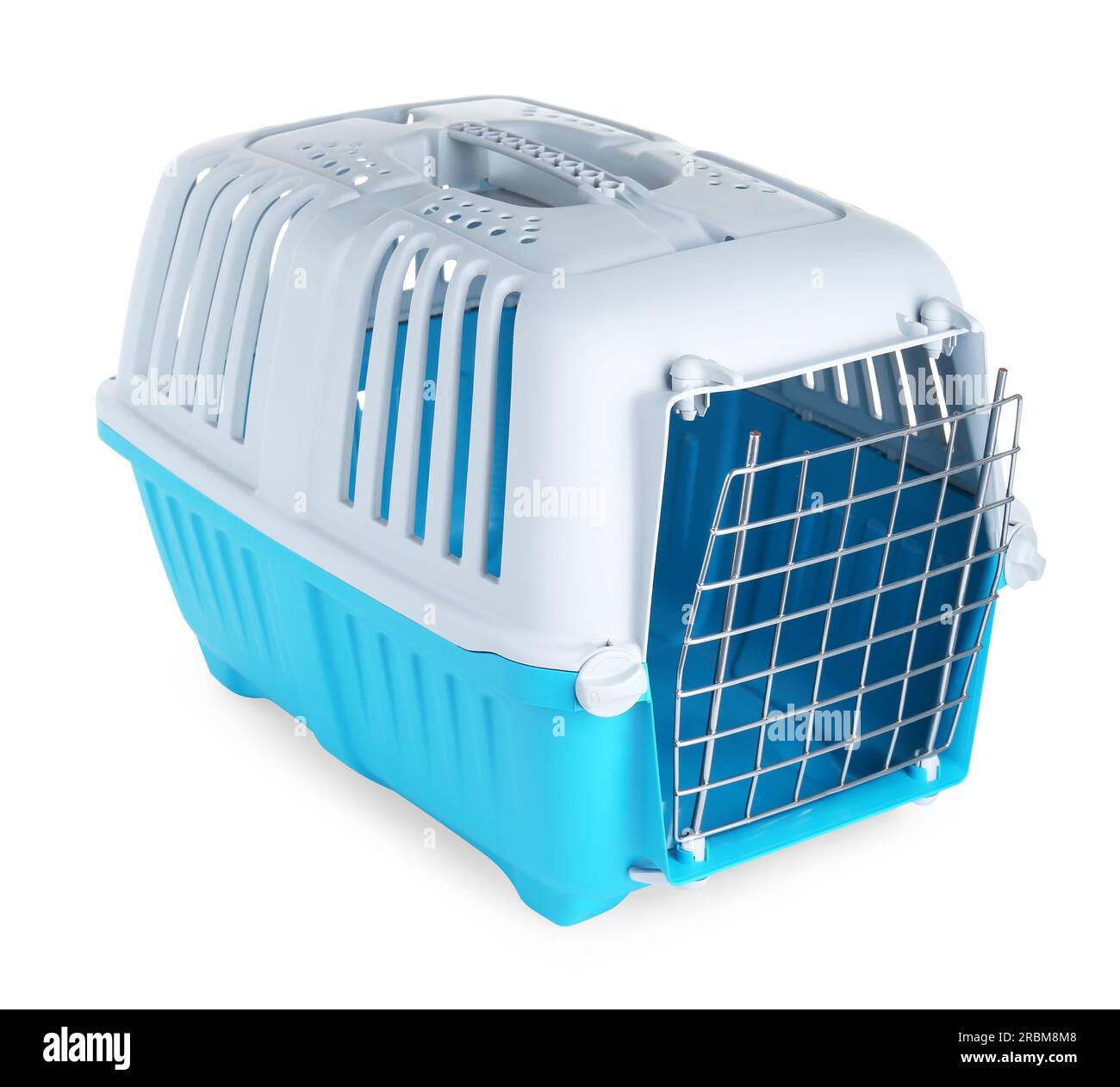 Trasportino per animali di colore azzurro isolato su bianco Foto Stock