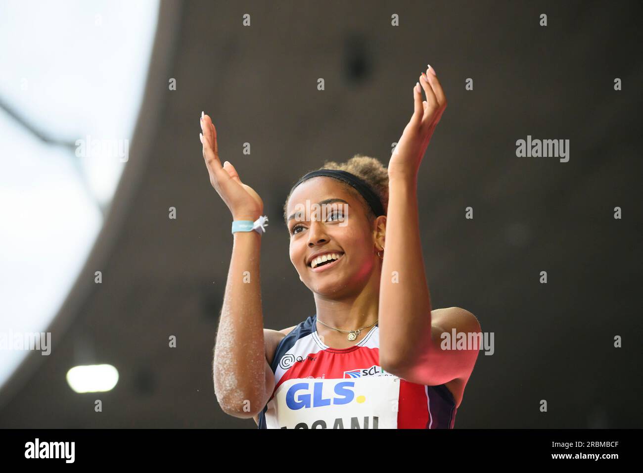 Mikaelle ASSANI (SCL Heel Baden-Baden/2° posto) applaude, applausi, finale di salto in lungo femminile, il 9 luglio 2023 Campionati tedeschi di atletica leggera 2023, dall'8 luglio. - 09.07.2023 a Kassel/ Germania. Foto Stock