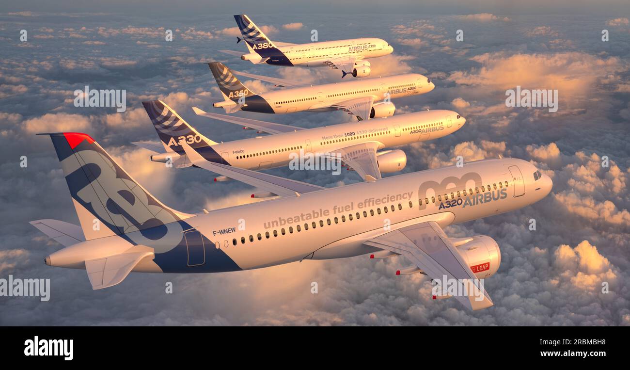 Volo della famiglia Airbus: A380, A350, A330 e A320 eseguono spettacolari voli in formazione Foto Stock
