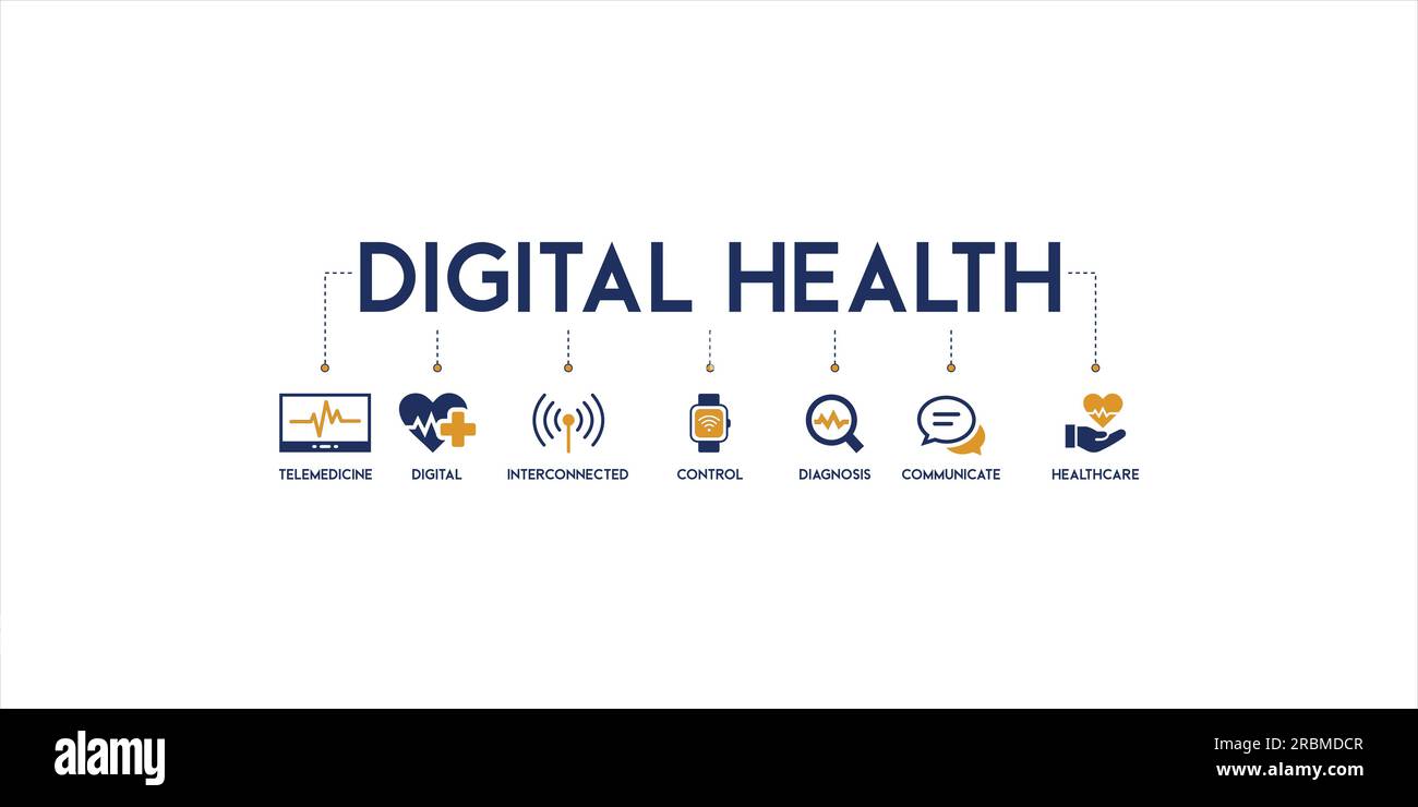 Banner sanitario digitale web icona vettore concetto di illustrazione per la tecnologia in sanità medica con icona di e-Health, telemedicina, interconnesso Illustrazione Vettoriale