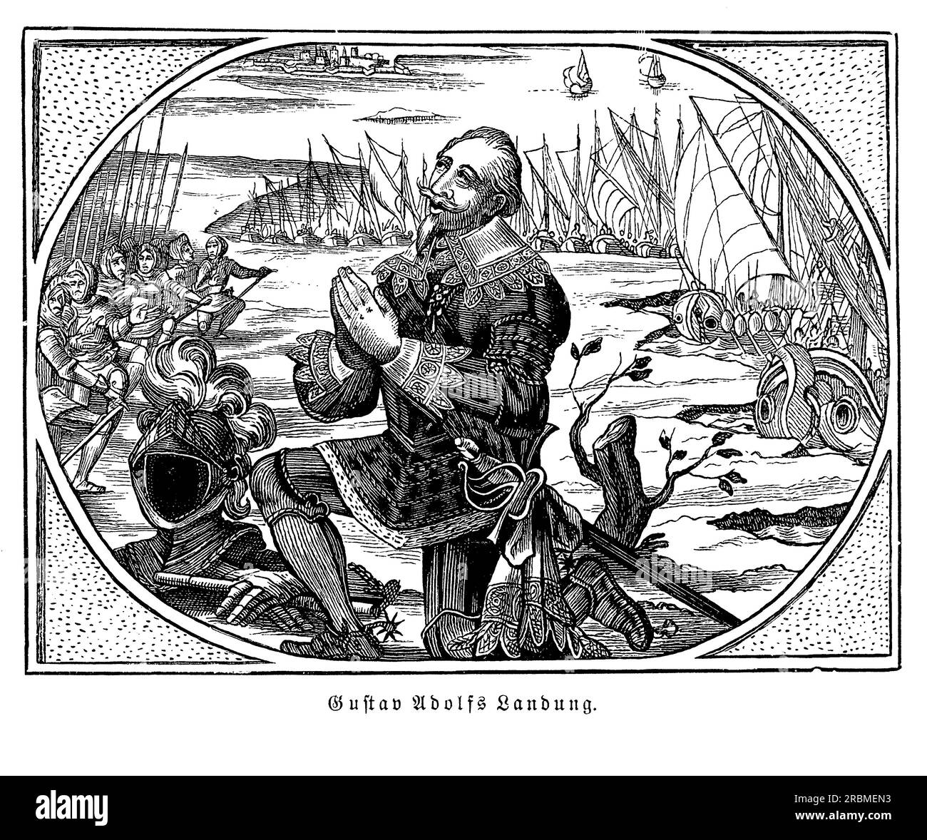 Gustavo Adolfo Vasa re di Svezia disse una preghiera dopo il suo sbarco a Peenemuende sull'isola di Usedom, Meclemburgo, Vorpommern nel 1630 Foto Stock