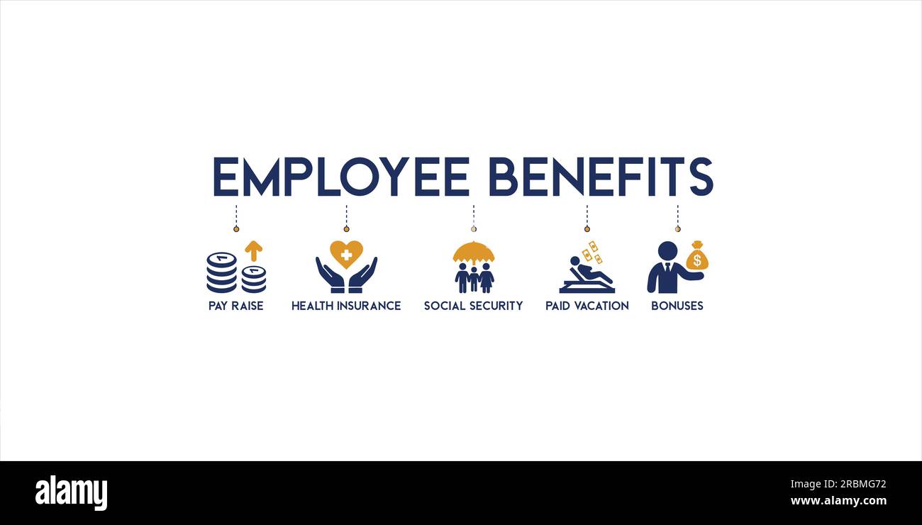 Concetto di icona benefici per i dipendenti su sfondo bianco illustrazione vettoriale con aumento di stipendio, assicurazione sanitaria, previdenza sociale, vacanze pagate e bonus Illustrazione Vettoriale