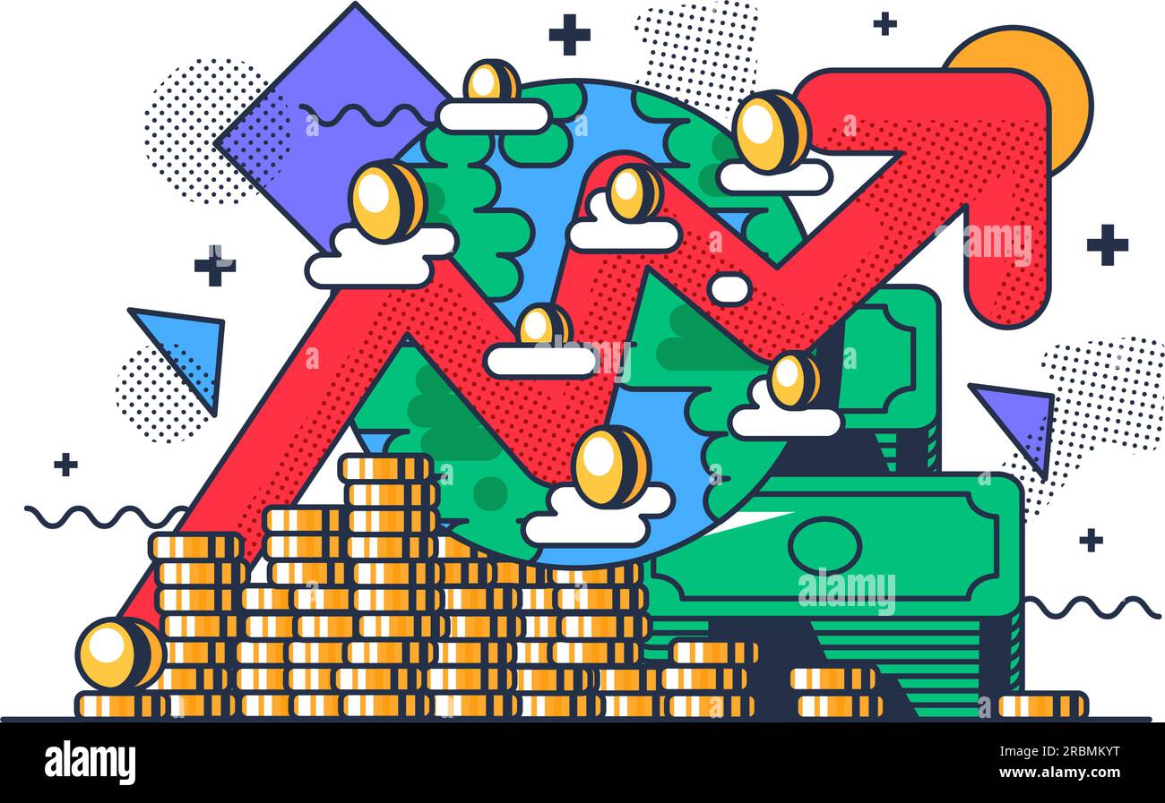 Pile di monete d'oro e cartamoneta contro un grafico dell'economia e dell'industria della crescita globale. Concetto di espansione economica globale. Outlin dei cartoni animati Illustrazione Vettoriale
