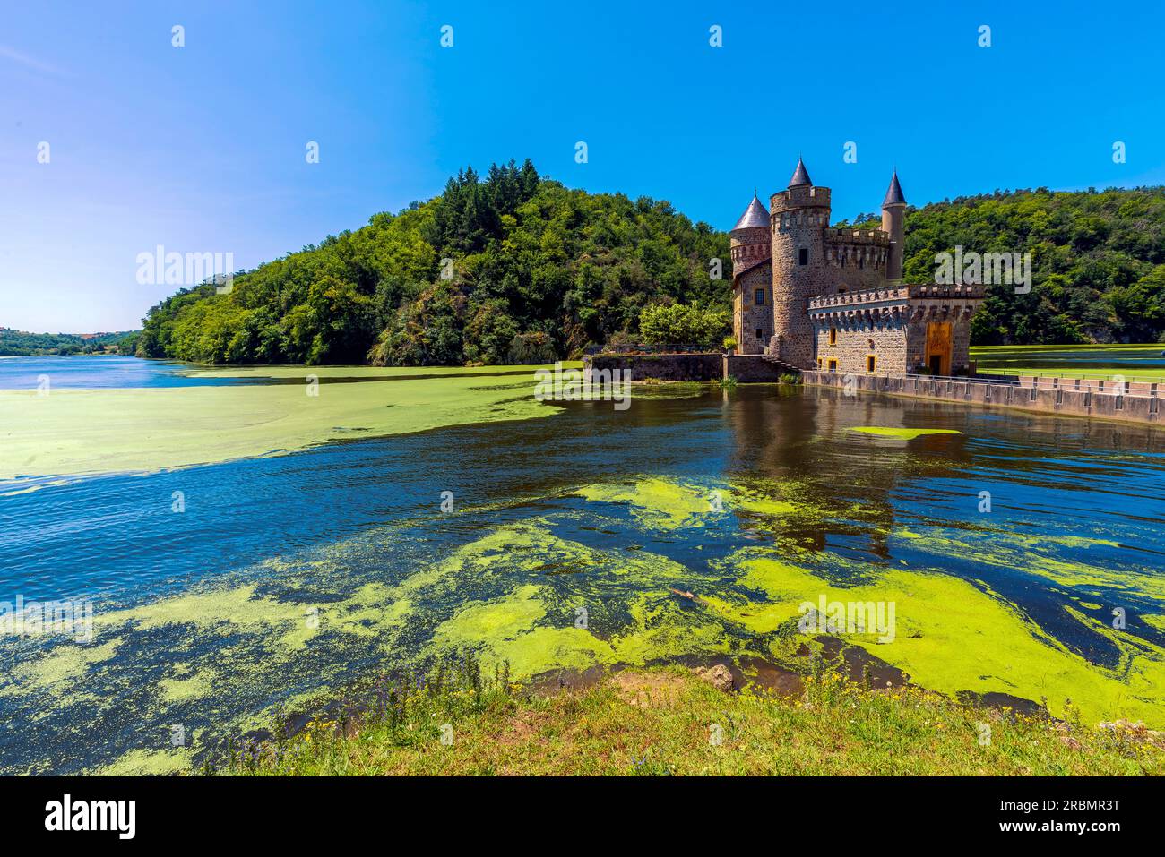 Il Château Saint Priest la Roche, Francia. Il castello è situato nel comune di Saint-Priest-la-Roche, nel dipartimento della Loira, in Francia. Il cast Foto Stock