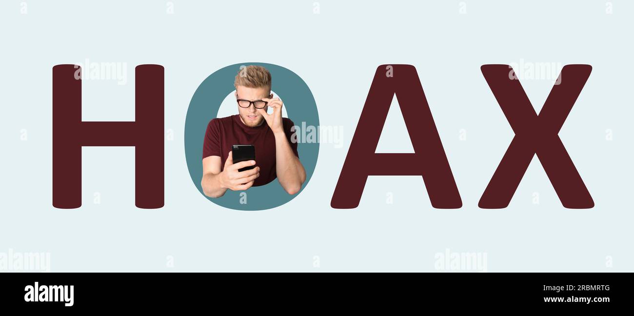 Word Hoax con uomo che utilizza un telefono cellulare all'interno della lettera o su sfondo grigio chiaro, design del banner Foto Stock