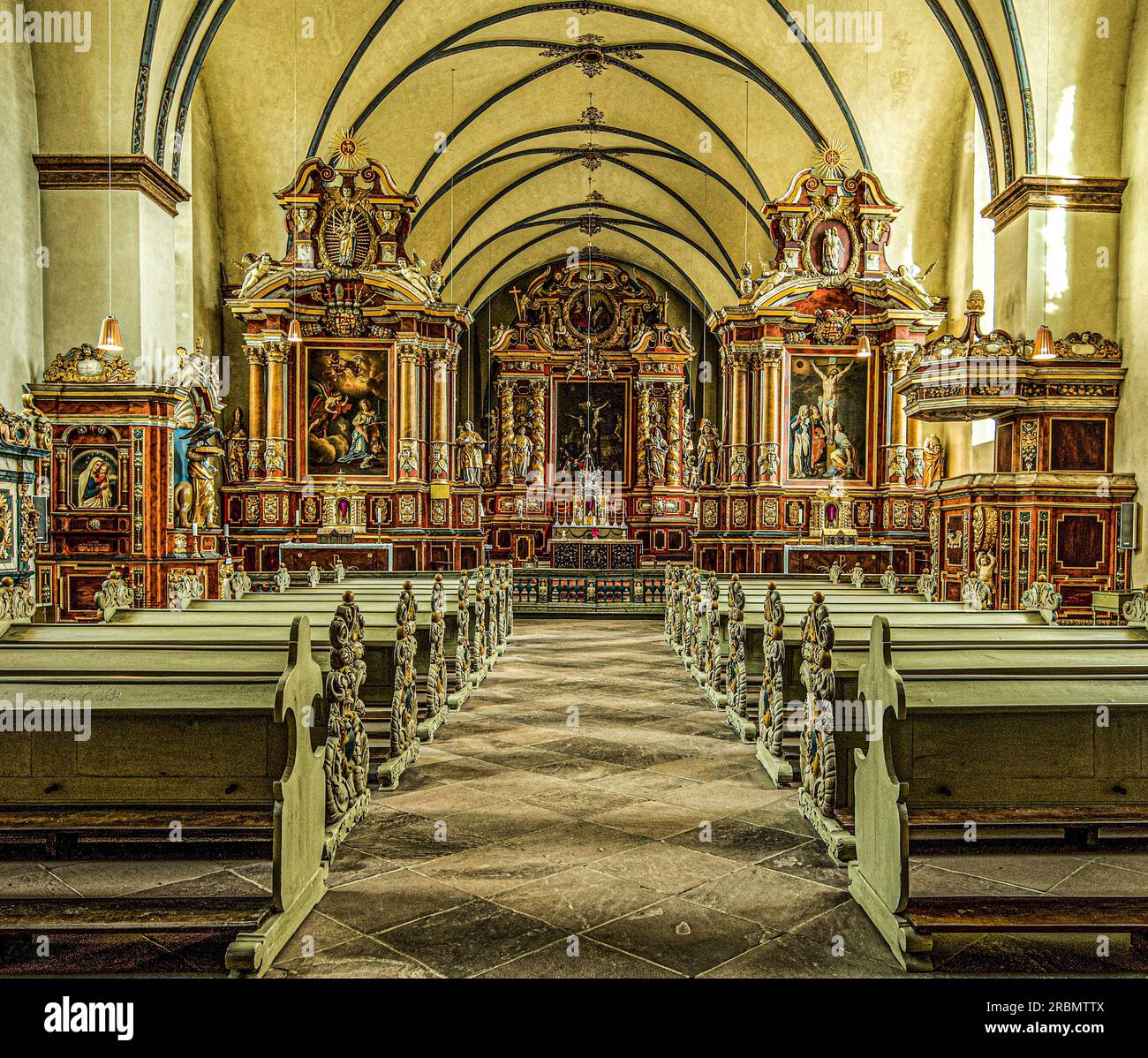 Vista della sala del coro nell'ex chiesa abbaziale di Corvey, Höxter, Renania settentrionale-Vestfalia, Germania Foto Stock