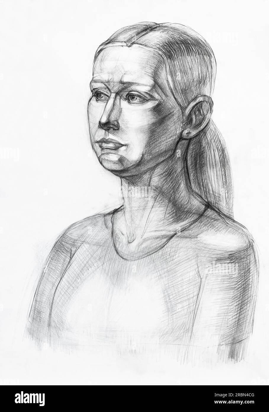 studia il ritratto di una giovane donna disegnata a mano con una matita di grafite su carta bianca Foto Stock
