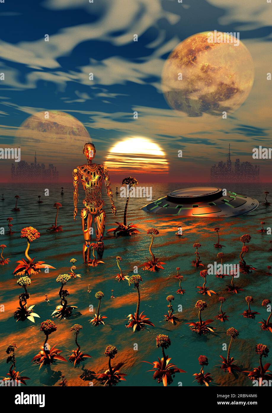 La superficie di un esopianeta alieno , sede di una civiltà avanzata Foto Stock