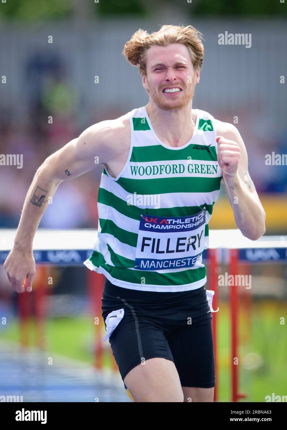 Manchester, Regno Unito. 8 luglio 2023. 8/9 luglio 2023, Manchester Regional Arena, Manchester, Regno Unito. National UK Athletics Championships 2023. Didascalia: FILLERY tra gli ostacoli da uomo a 110 m. Foto: Mark Dunn/Alamy Live News (Sport) credito: Mark Dunn Photography/Alamy Live News Foto Stock