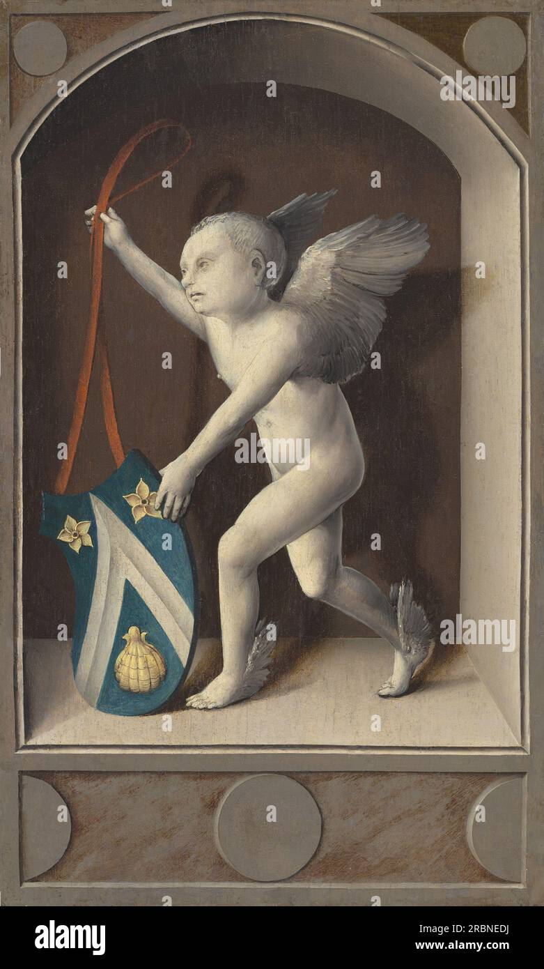 "Bernard van Orley, Putto with Arms of Jacques Coëne [reverse], c. 1513, olio su pannello, superficie verniciata: 54,4 x 32,9 cm (21 7/16 x 12 15/16 poll.) totale (pannello): 54,9 x 33,3 cm (5/8 x 1/8 pollici) Incorniciato: 63 x 41,8 x 5,7 cm (24 13/16 x 16 7/16 x 2 1/4 pollici), Samuel H. Kress Collection, 1952.5,47.b' Foto Stock