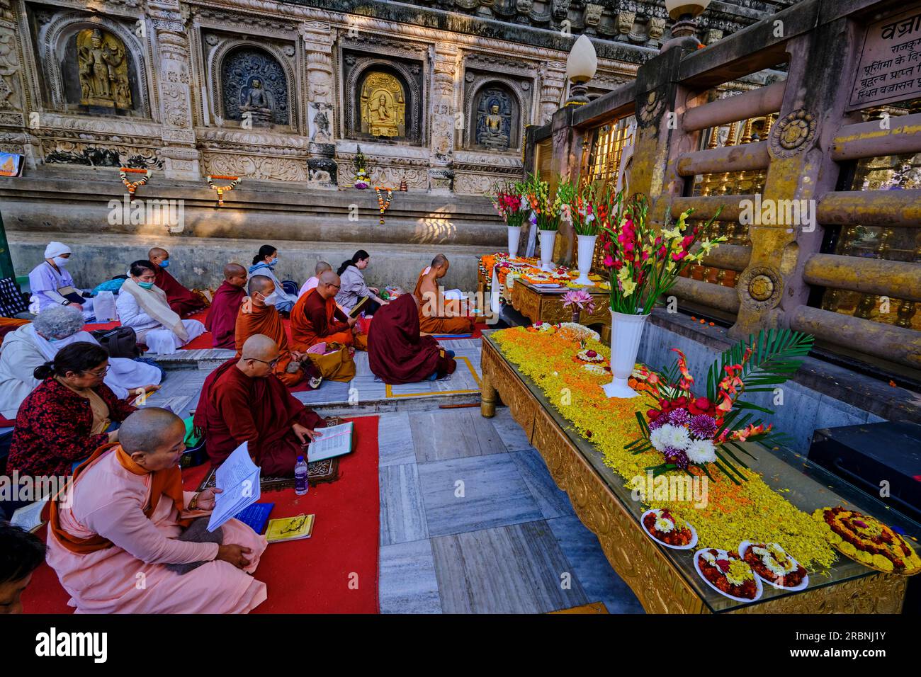 India, Bihar, Bodhgaya, Unesco World Heriatge, il Tempio di Mahabodhi, Monaci buddisti che pregano di fronte all'albero Bodhi sotto il quale il Buddha ha raggiunto Foto Stock
