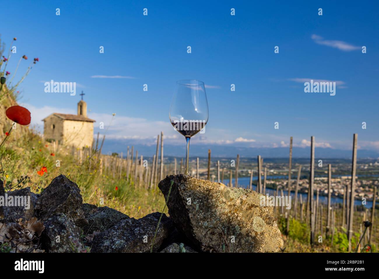Vigneto Grand cru e Cappella di San Cristoforo, Tain l'Hermitage, Rodano-Alpi, Francia Foto Stock