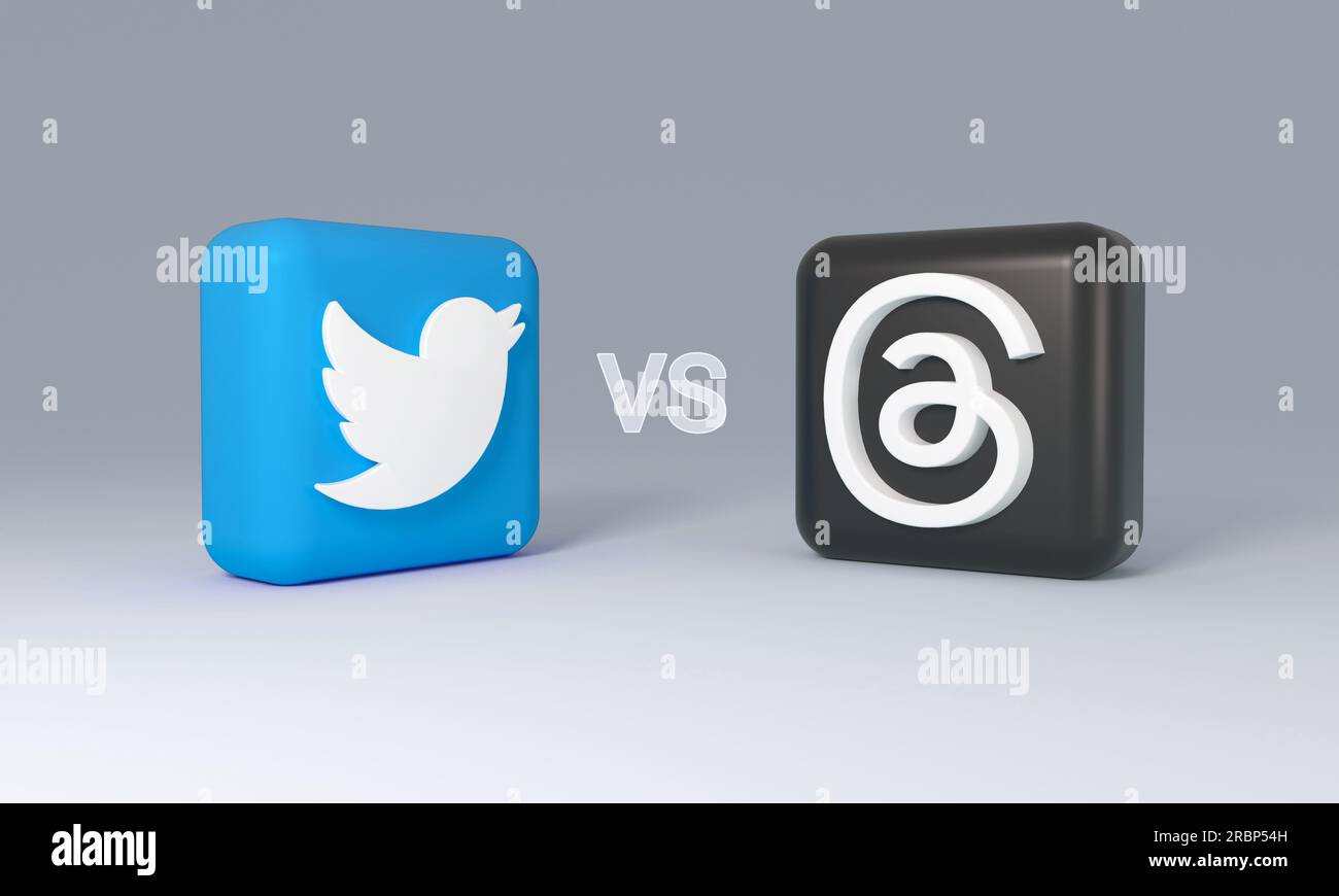 Madrid, Spagna - luglio 2023: Twitter and Threads app icon Discussion è una nuova app di social media Instagram e Meta per microblogging. Rendering 3D. Foto Stock