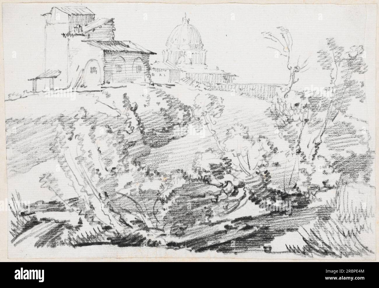 "Joseph-Marie Vien, Un edificio su una collina con San Pietro in lontananza, 1744/1750, grafite su carta lastricata, foglio: 12,9 x 18,5 cm (5 1/16 x 7 5/16 pollici) Dimensioni pagina: 42,5 x 27,7 cm (16 3/4 x 7/8 pollici), Mark J. Millard Architectural Collection, 1983.49.179' Foto Stock "Joseph-Marie Vien, Un edificio su una collina con San Pietro in lontananza, 1744/1750, grafite su carta lastricata, foglio: 12,9 x 18,5 cm (5 1/16 x 7 5/16 pollici) Dimensioni pagina: 42,5 x 27,7 cm (16 3/4 x 7/8 pollici), Mark J. Millard Architectural Collection, 1983.49.179' Foto Stock