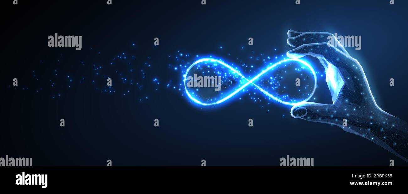 Segno infinito nella mano digitale. Potenza AI, tecnologia metaversa Illustrazione Vettoriale