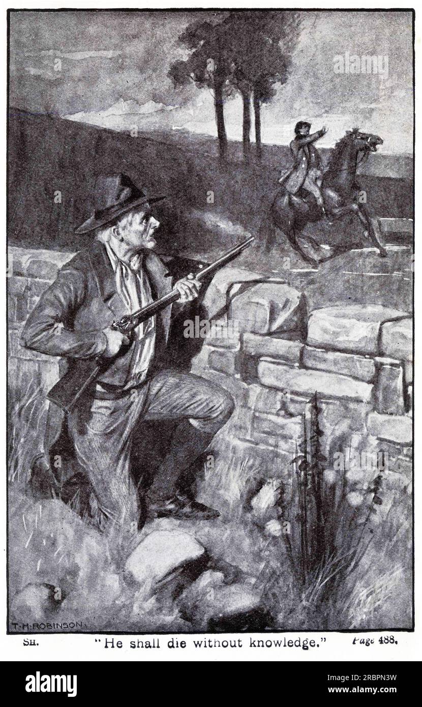 Mezzitoni di un anziano inginocchiato dietro un muro di roccia con l'intenzione di sparare a un uomo a cavallo Foto Stock