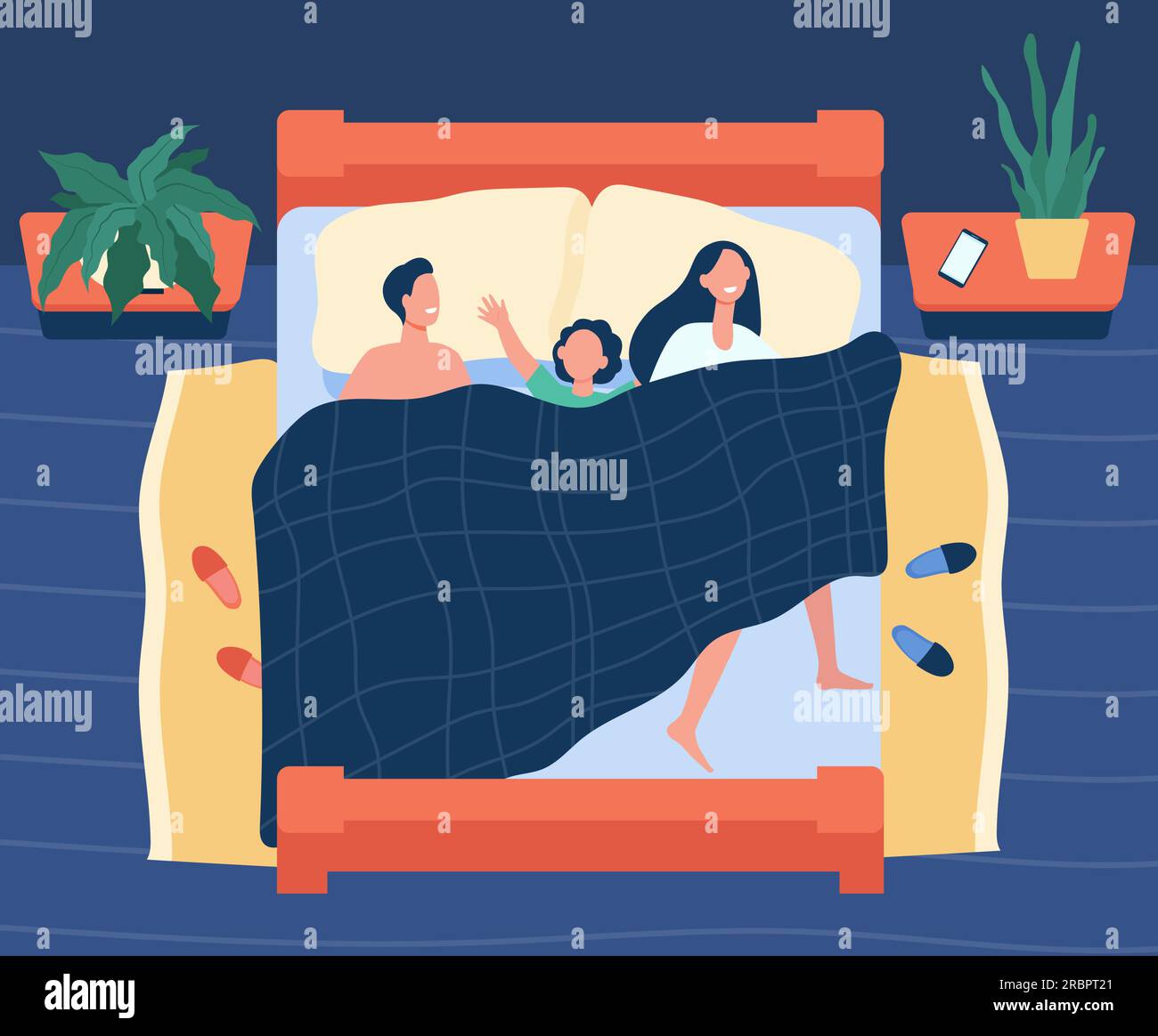 Felice mamma, papà e bambino che dormono insieme Illustrazione Vettoriale