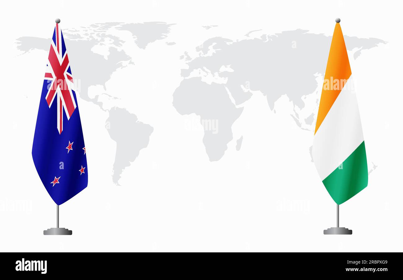 Bandiere della nuova Zelanda e della Costa d'Avorio per un incontro ufficiale sullo sfondo della mappa mondiale. Illustrazione Vettoriale