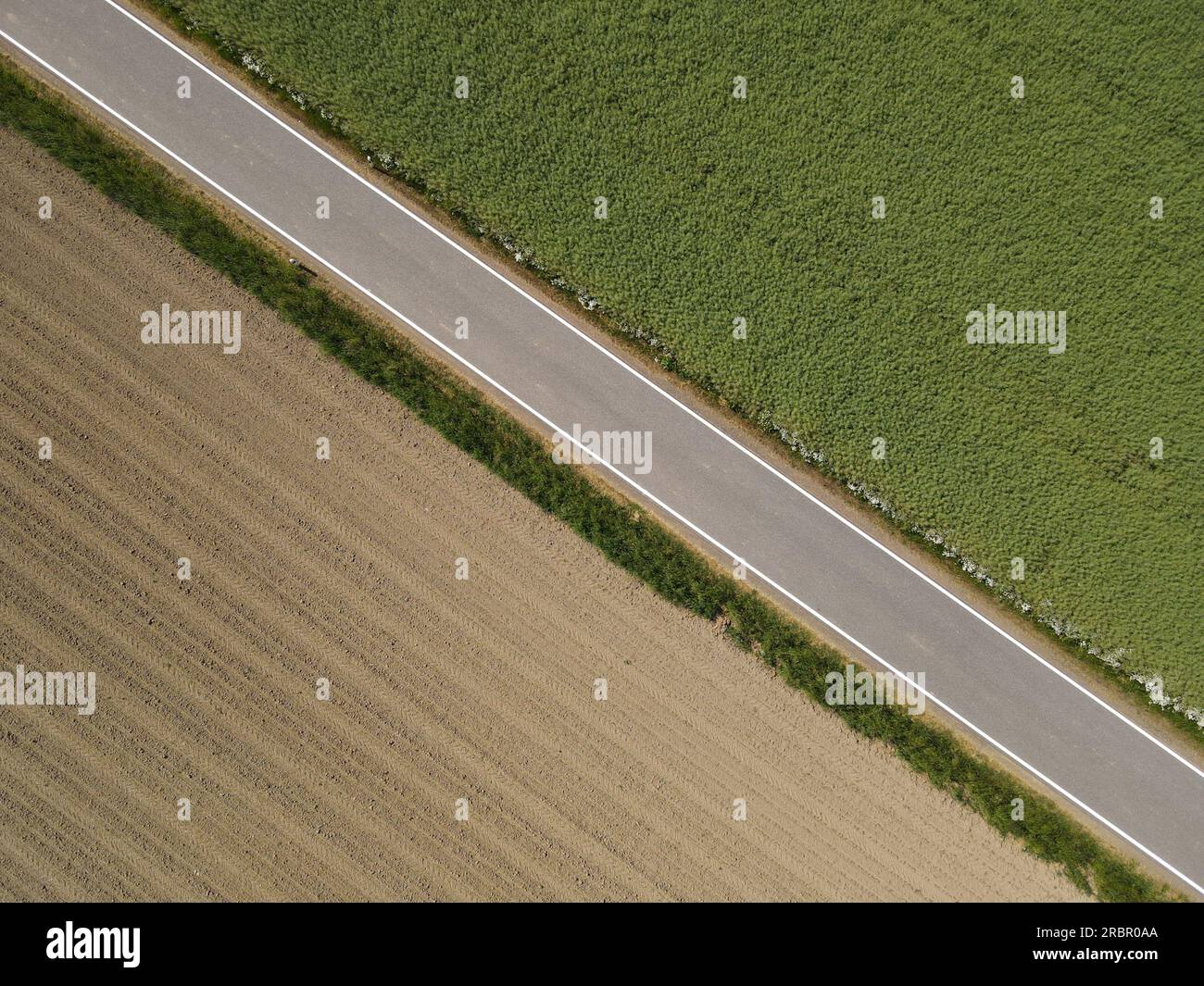 Vista con droni di una strada asfaltata rurale tra il campo di coltura verde e il campo arato marrone con terreno Foto Stock