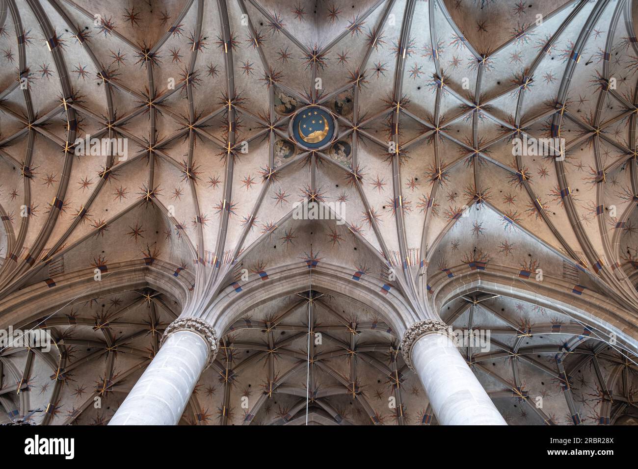 Volta a rete tardo gotica del coro nel Heilig Kreuz Münster a Schwäbisch Gmünd, Ostalbkreis, Baden-Wuerttemberg, Germania, Europa Foto Stock